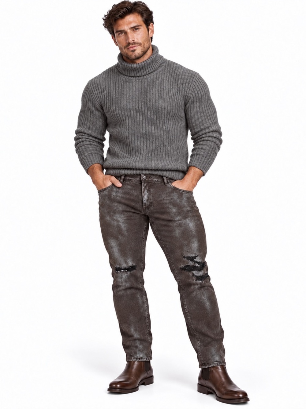 Fashion Nova Men's Distressed Grey & Brown Straight Jeans/waist 42”